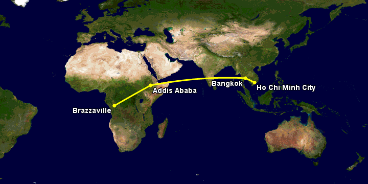 Bay từ Sài Gòn đến Brazzaville qua Bangkok, Addis Ababa