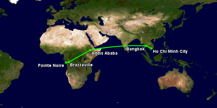 Bay từ Sài Gòn đến Pointe Noire qua Bangkok, Addis Ababa, Brazzaville