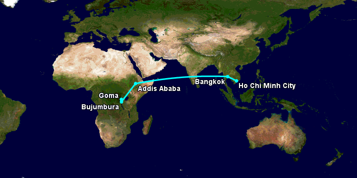 Bay từ Sài Gòn đến Goma qua Bangkok, Addis Ababa, Bujumbura