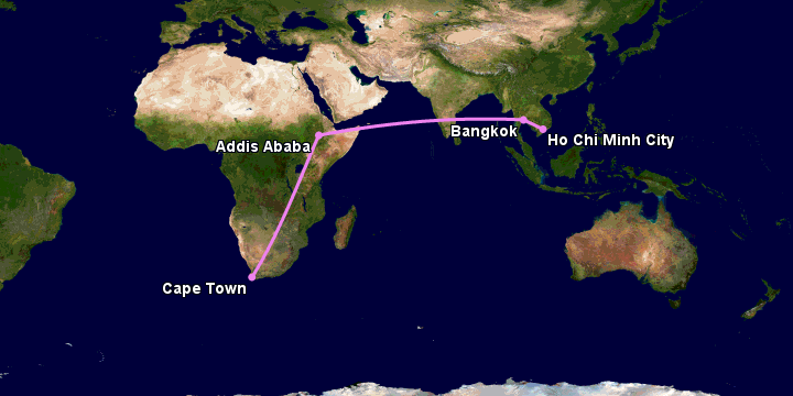 Bay từ Sài Gòn đến Cape Town qua Bangkok, Addis Ababa