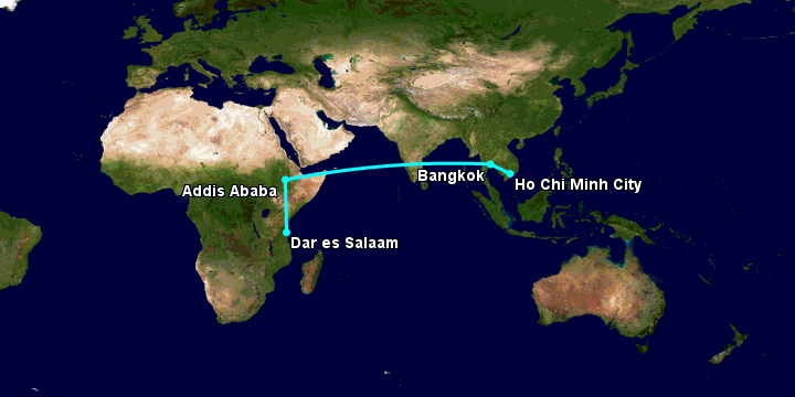 Bay từ Sài Gòn đến Dar Es Salaam qua Bangkok, Addis Ababa