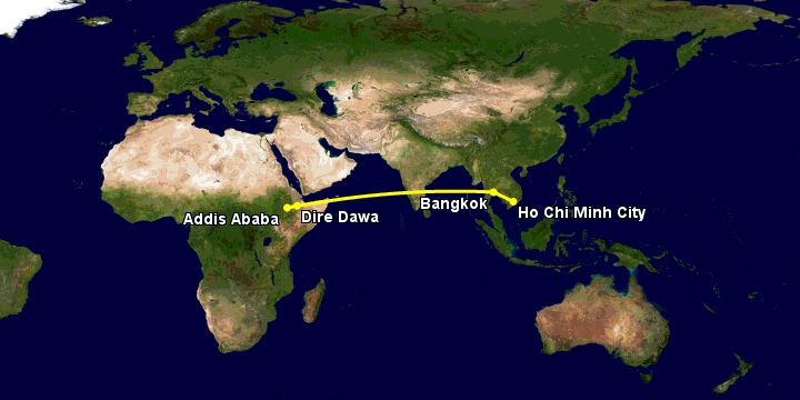 Bay từ Sài Gòn đến Dire Dawa qua Bangkok, Addis Ababa