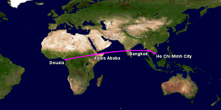Bay từ Sài Gòn đến Douala qua Bangkok, Addis Ababa