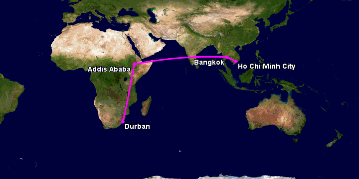 Bay từ Sài Gòn đến Durban qua Bangkok, Addis Ababa