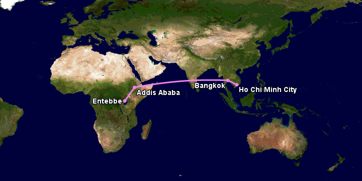 Bay từ Sài Gòn đến Entebbe qua Bangkok, Addis Ababa