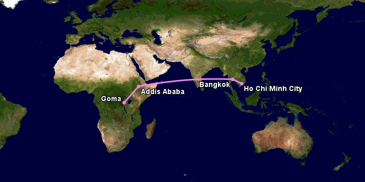 Bay từ Sài Gòn đến Goma qua Bangkok, Addis Ababa