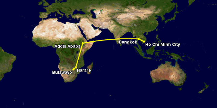 Bay từ Sài Gòn đến Bulawayo qua Bangkok, Addis Ababa, Harare