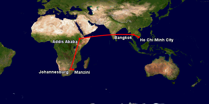 Bay từ Sài Gòn đến Manzini qua Bangkok, Addis Ababa, Johannesburg