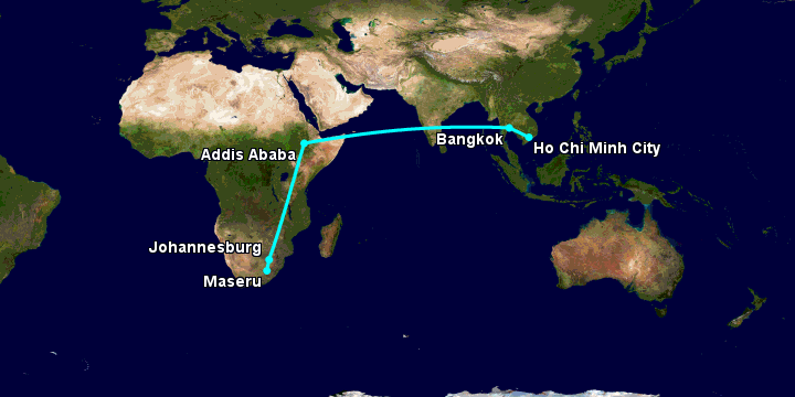 Bay từ Sài Gòn đến Maseru qua Bangkok, Addis Ababa, Johannesburg