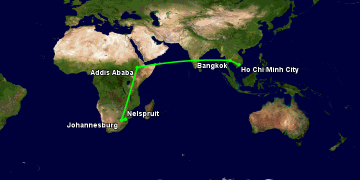Bay từ Sài Gòn đến Nelspruit qua Bangkok, Addis Ababa, Johannesburg