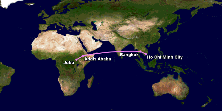 Bay từ Sài Gòn đến Juba qua Bangkok, Addis Ababa