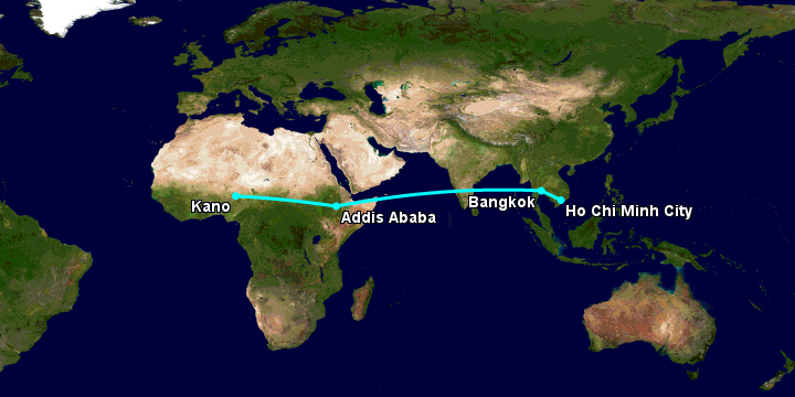 Bay từ Sài Gòn đến Kano qua Bangkok, Addis Ababa