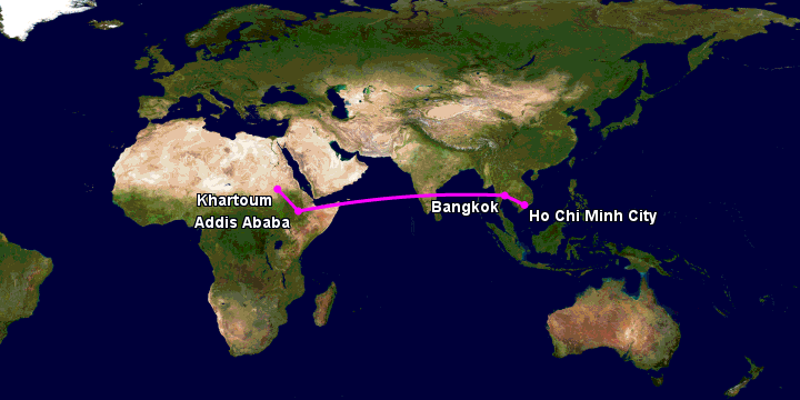 Bay từ Sài Gòn đến Khartoum qua Bangkok, Addis Ababa
