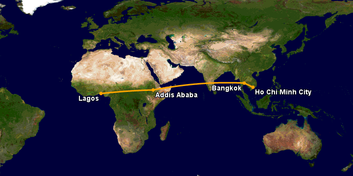 Bay từ Sài Gòn đến Lagos qua Bangkok, Addis Ababa