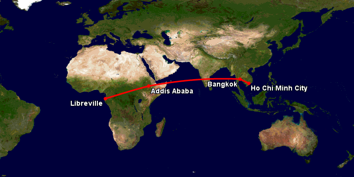 Bay từ Sài Gòn đến Libreville qua Bangkok, Addis Ababa