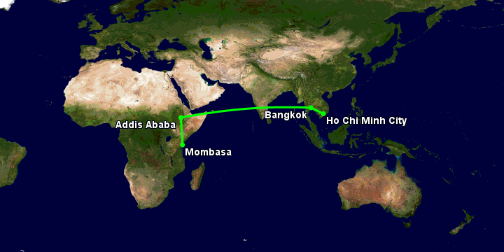 Bay từ Sài Gòn đến Mombasa qua Bangkok, Addis Ababa