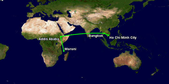 Bay từ Sài Gòn đến Moroni Hahaya qua Bangkok, Addis Ababa