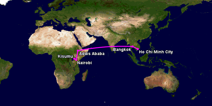 Bay từ Sài Gòn đến Kisumu qua Bangkok, Addis Ababa, Nairobi
