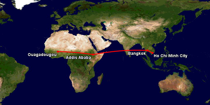 Bay từ Sài Gòn đến Ouagadougou qua Bangkok, Addis Ababa
