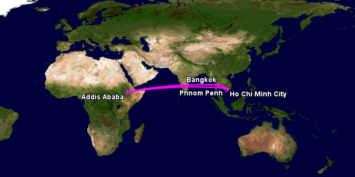 Bay từ Sài Gòn đến Phnom Penh qua Bangkok, Addis Ababa