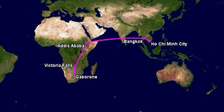 Bay từ Sài Gòn đến Gaborone qua Bangkok, Addis Ababa, Victoria Falls