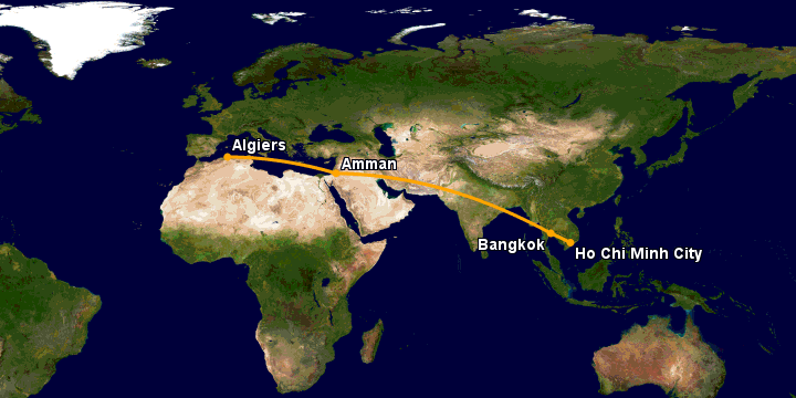 Bay từ Sài Gòn đến Algiers qua Bangkok, Amman