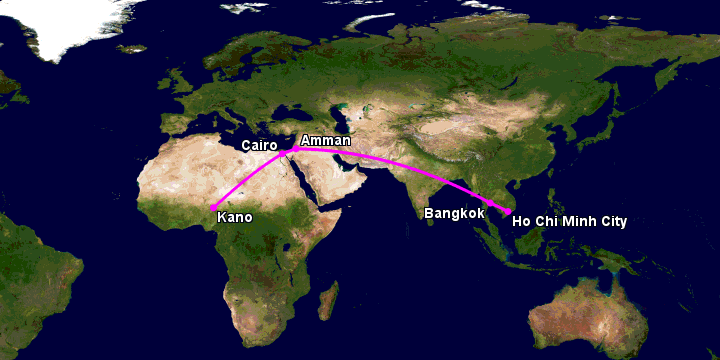 Bay từ Sài Gòn đến Kano qua Bangkok, Amman, Cairo
