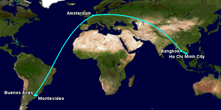 Bay từ Sài Gòn đến Montevideo qua Bangkok, Amsterdam, Buenos Aires