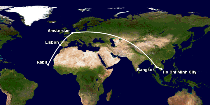 Bay từ Sài Gòn đến Boa Vista Cv qua Bangkok, Amsterdam, Lisbon