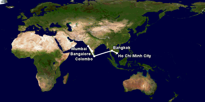 Bay từ Sài Gòn đến Bangalore qua Bangkok, Colombo, Mumbai