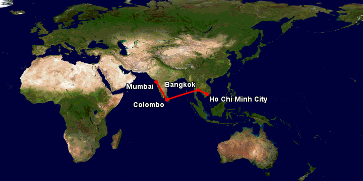 Bay từ Sài Gòn đến Mumbai qua Bangkok, Colombo, Mumbai