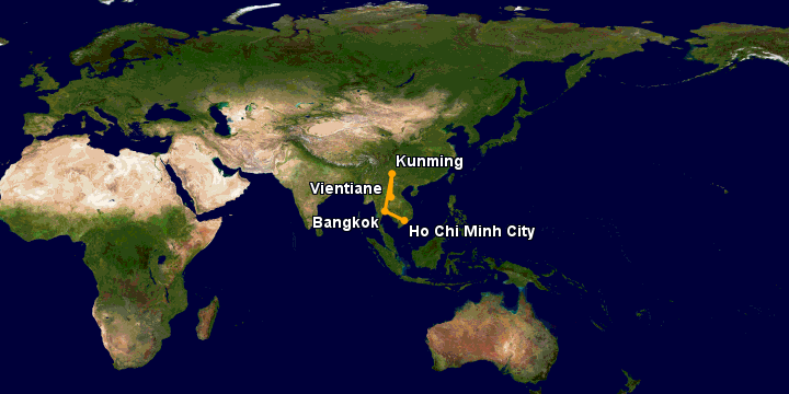 Bay từ Sài Gòn đến Vientiane qua Bangkok, Côn Minh, Vientiane