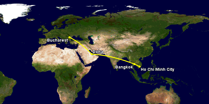 Bay từ Sài Gòn đến Bucharest qua Bangkok, Doha
