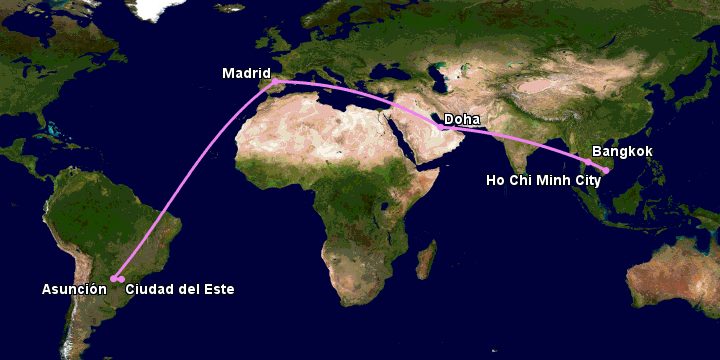 Bay từ Sài Gòn đến Ciudad Del Este qua Bangkok, Doha, Madrid, Asunción