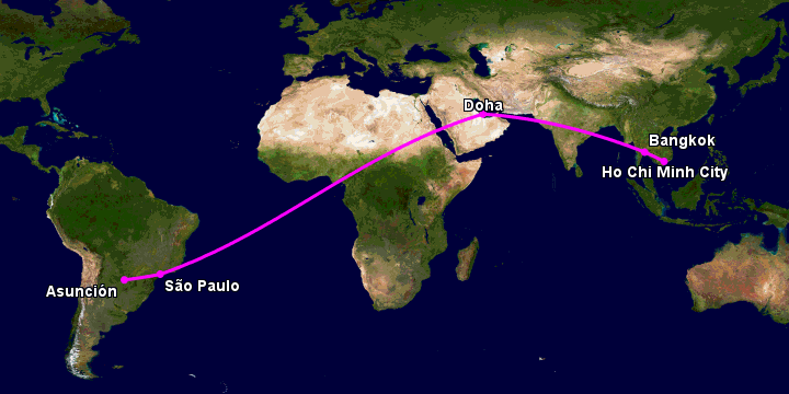 Bay từ Sài Gòn đến Asuncion qua Bangkok, Doha, Sao Paulo