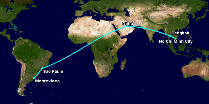 Bay từ Sài Gòn đến Montevideo qua Bangkok, Doha, Sao Paulo