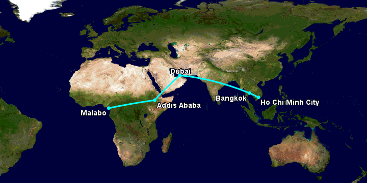 Bay từ Sài Gòn đến Malabo qua Bangkok, Dubai, Addis Ababa