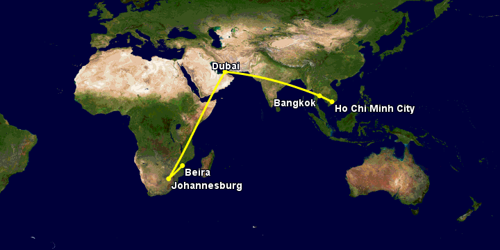Bay từ Sài Gòn đến Beira qua Bangkok, Dubai, Johannesburg