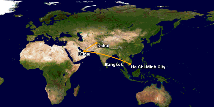 Bay từ Sài Gòn đến Kabul qua Bangkok, Dubai