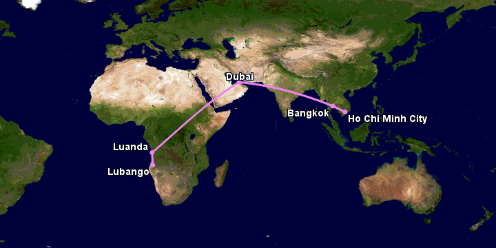 Bay từ Sài Gòn đến Lubango qua Bangkok, Dubai, Luanda
