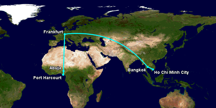 Bay từ Sài Gòn đến Port Harcourt qua Bangkok, Frankfurt, Abuja