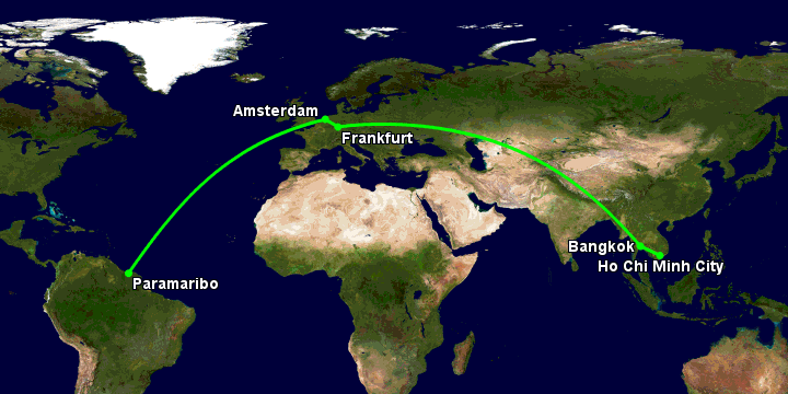 Bay từ Sài Gòn đến Paramaribo qua Bangkok, Frankfurt, Amsterdam