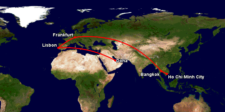 Bay từ Sài Gòn đến Doha qua Bangkok, Frankfurt, Lisbon