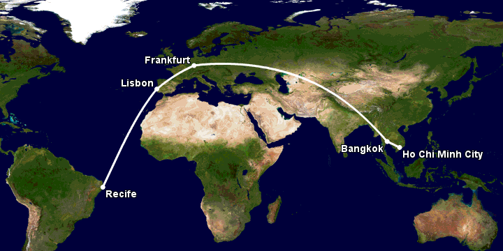 Bay từ Sài Gòn đến Recife qua Bangkok, Frankfurt, Lisbon