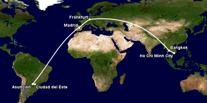 Bay từ Sài Gòn đến Ciudad Del Este qua Bangkok, Frankfurt, Madrid, Asunción