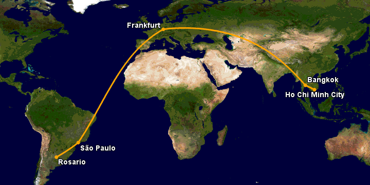 Bay từ Sài Gòn đến Rosario qua Bangkok, Frankfurt, Sao Paulo