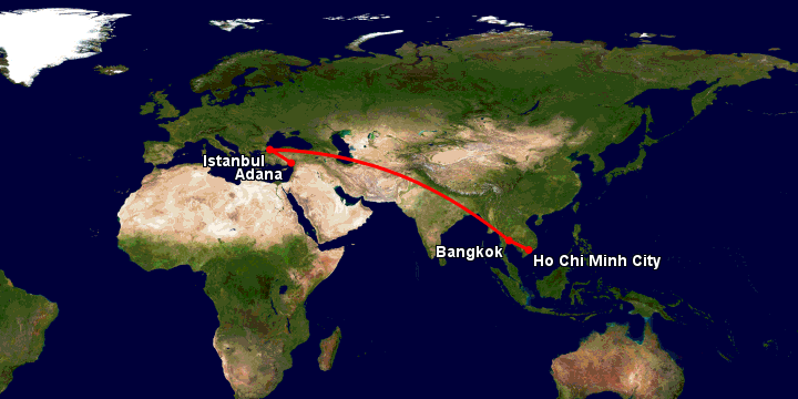 Bay từ Sài Gòn đến Adana qua Bangkok, Istanbul