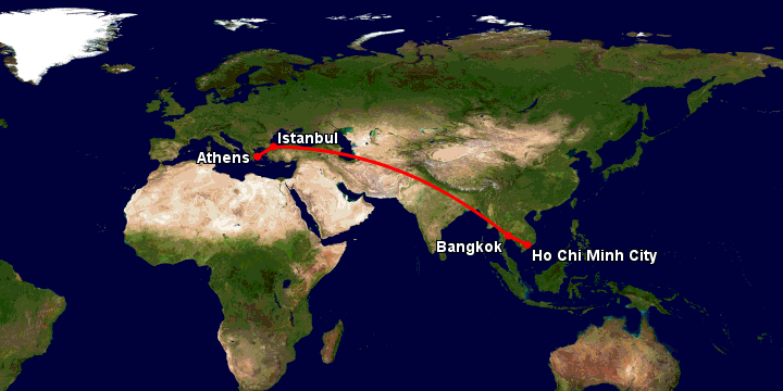 Bay từ Sài Gòn đến Athens qua Bangkok, Istanbul, Athens