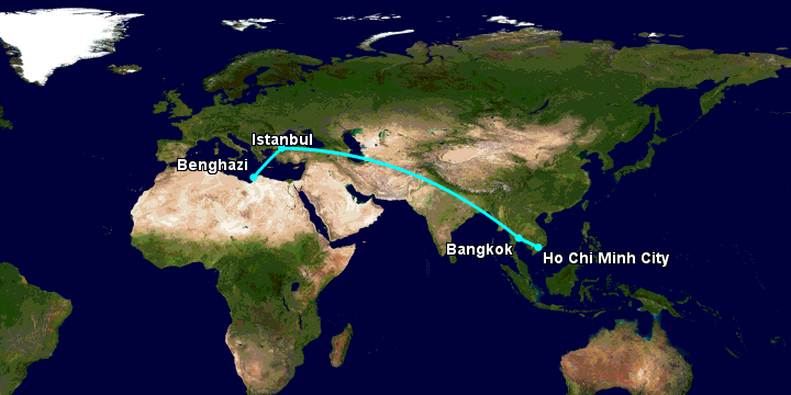 Bay từ Sài Gòn đến Benghazi qua Bangkok, Istanbul