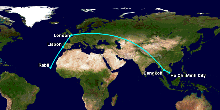 Bay từ Sài Gòn đến Boa Vista Cv qua Bangkok, London, Lisbon